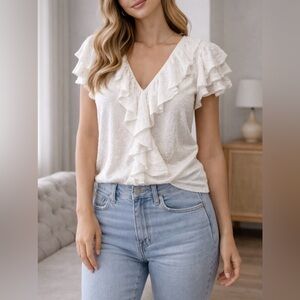 Lauren Ralph Lauren Linen Ruffle V Neck Top Size L EUC